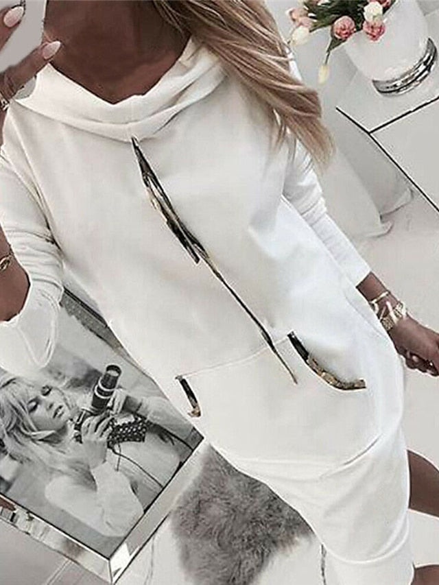 Women's Hoodie Dress Sweatshirt Dress Winter Dress Mini Dress White Pink Light Grey Long Sleeve Pure Color Pocket Spring Fall Winter Hooded Stylish Vacation Fall Dress Loose Fit 2023 S M L XL XXL 3XL - LuckyFash™