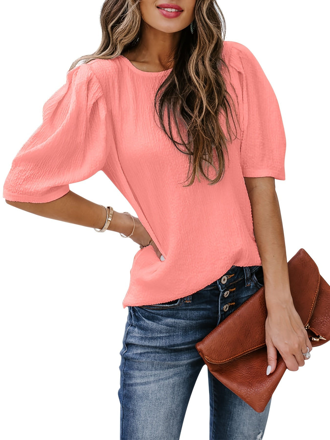 Solid Short Sleeve Blouse, Crew Neck Casual Every Day Top For Summer & Spring, Women's Clothing