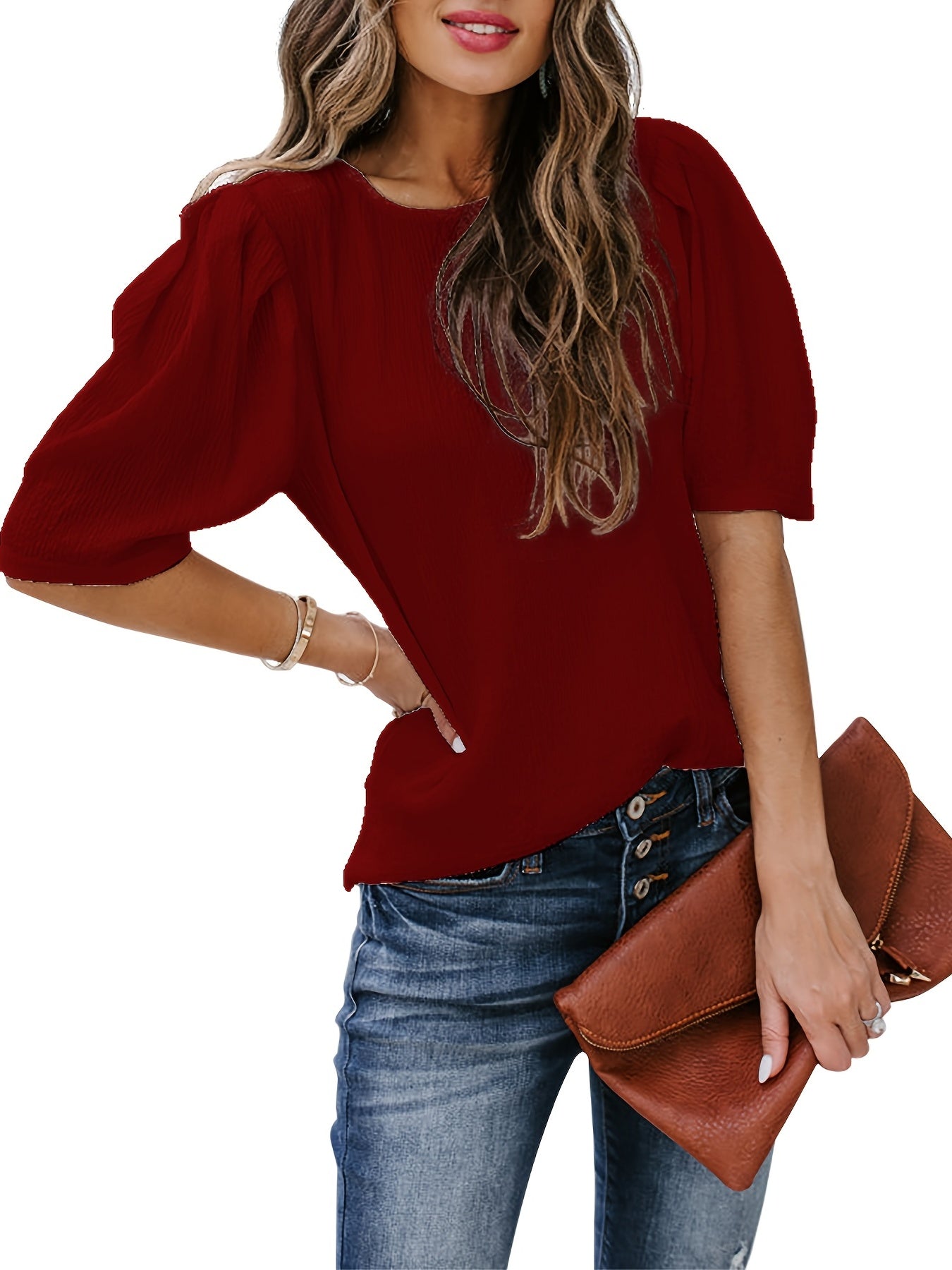 Solid Short Sleeve Blouse, Crew Neck Casual Every Day Top For Summer & Spring, Women's Clothing