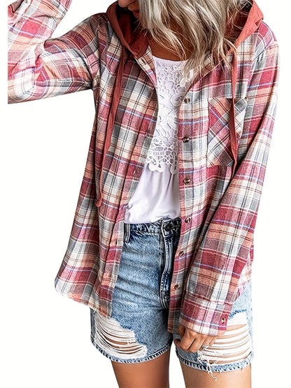 Hooded Plaid Print Blouse, Casual Button Front Drawstring Long Sleeve Blouse, Women's Clothing