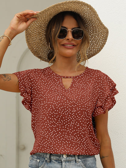 Polka Dot Ruffle Layered Hem Blouse, Casual Crew Neck Blouse For Spring & Summer, Women's Clothing