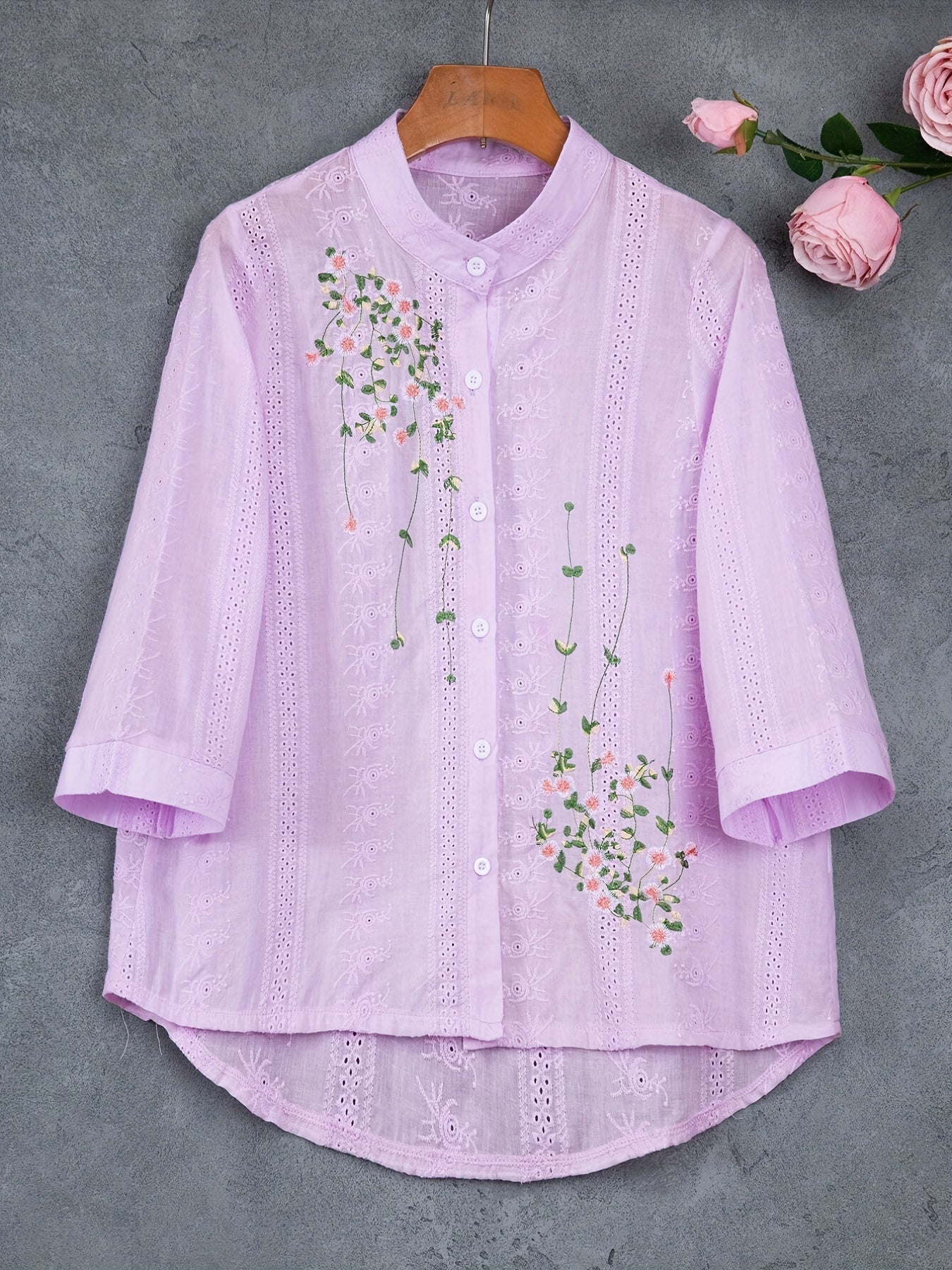 Eyelet Floral Embroidered Blouse, Elegant Button Front Blouse For Spring & Summer, Women's Clothing
