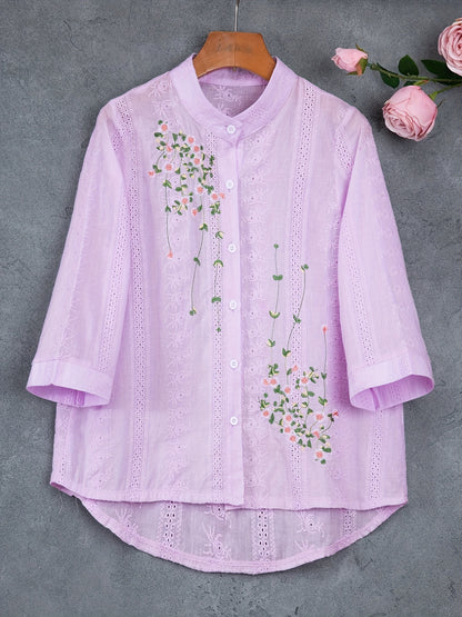 Eyelet Floral Embroidered Blouse, Elegant Button Front Blouse For Spring & Summer, Women's Clothing