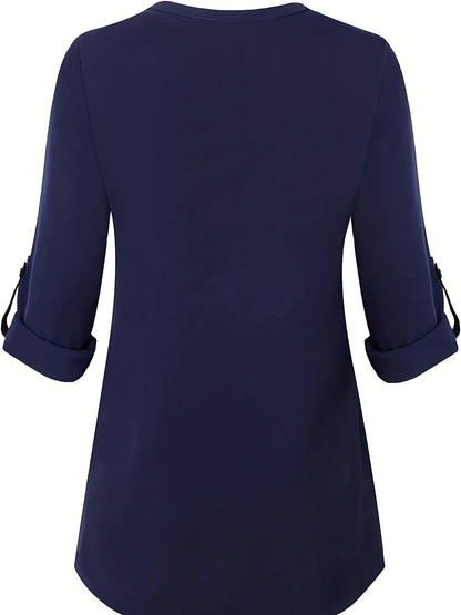 Solid Simple Blouse, Casual V Neck Long Sleeve Blouse, Women's Clothing