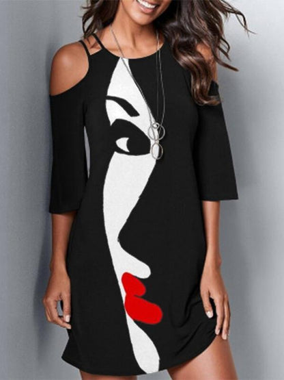 Face Print Off-the-shoulder Mid-sleeve Dress - LuckyFash™