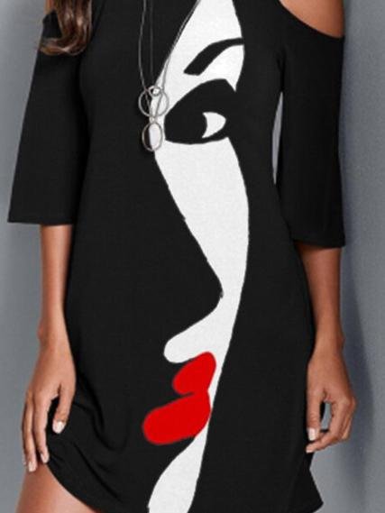 Face Print Off-the-shoulder Mid-sleeve Dress - LuckyFash™