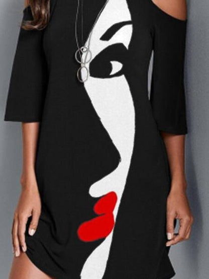 Face Print Off-the-shoulder Mid-sleeve Dress - LuckyFash™