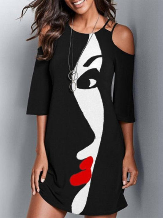 Face Print Off-the-shoulder Mid-sleeve Dress - LuckyFash™