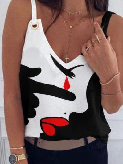 Face Printed V-Neck Sleeveless Casual Tank Tops - LuckyFash™