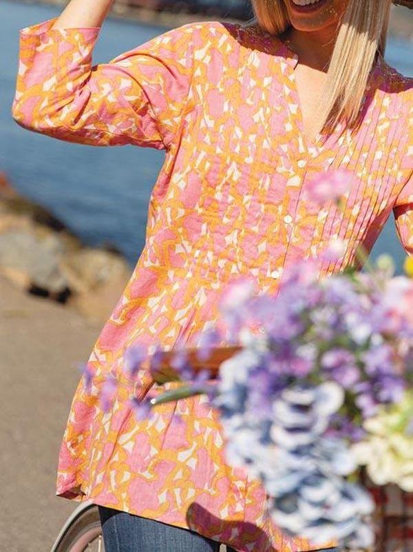 Farrah Pink blu Cotton Pintuck Tunic - LuckyFash™