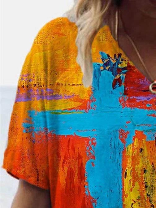 Fashion Cross Print V-neck T-shirt - LuckyFash™