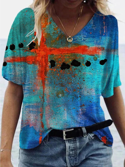 Fashion Cross Print V-neck T-shirt - LuckyFash™