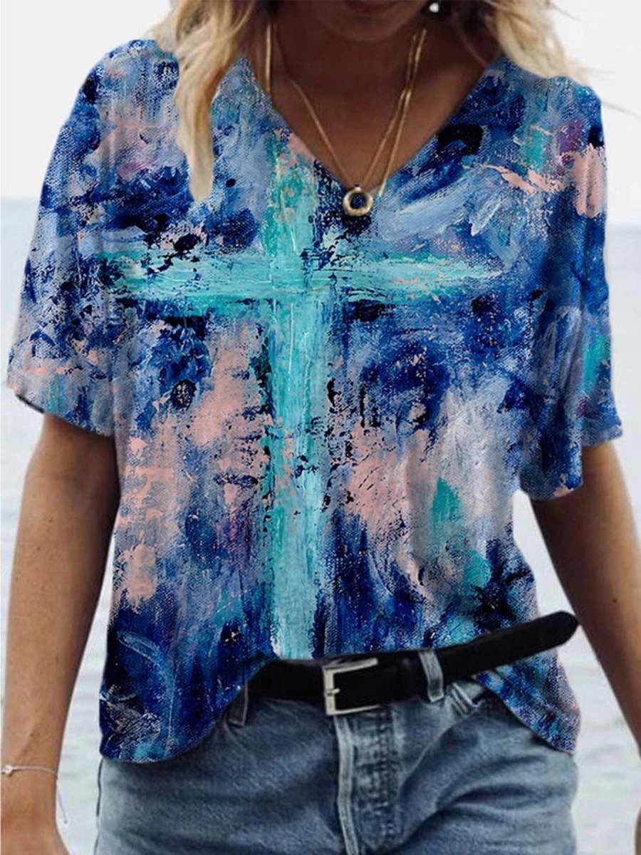 Fashion Cross Print V-neck T-shirt - LuckyFash™