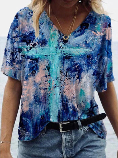 Fashion Cross Print V-neck T-shirt - LuckyFash™