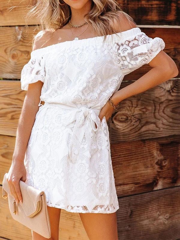 Fashion Embroidered Lace Short-sleeved One-neck Dress - LuckyFash™