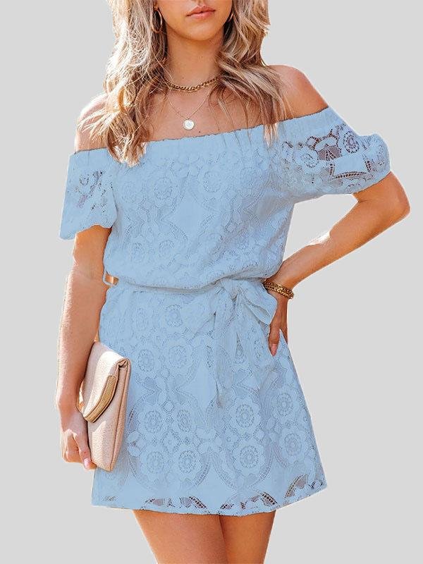 Fashion Embroidered Lace Short-sleeved One-neck Dress - LuckyFash™