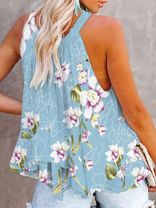 Fashion Floral Print Halter Sleeveless Pullover Off Shoulder Vest - LuckyFash™