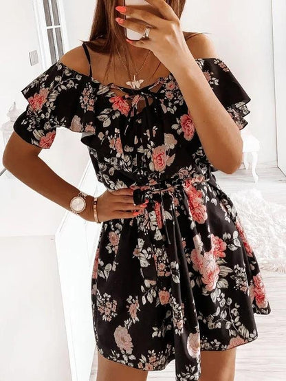 Fashion Floral Print Sling Off Shoulder Mini Dress - LuckyFash™