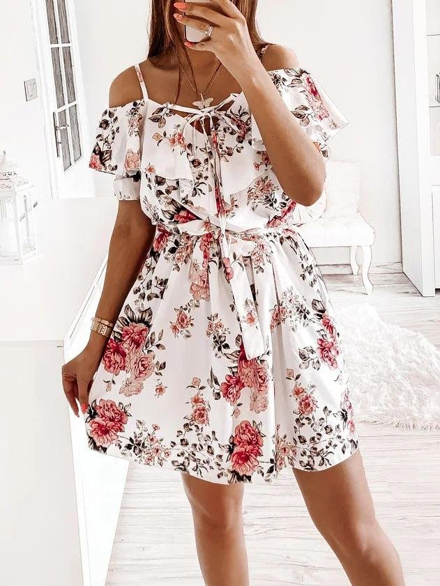 Fashion Floral Print Sling Off Shoulder Mini Dress - LuckyFash™