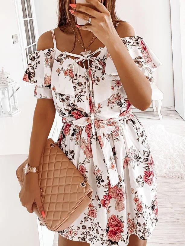 Fashion Floral Print Sling Off Shoulder Mini Dress - LuckyFash™