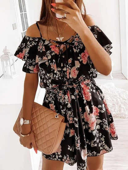 Fashion Floral Print Sling Off Shoulder Mini Dress - LuckyFash™