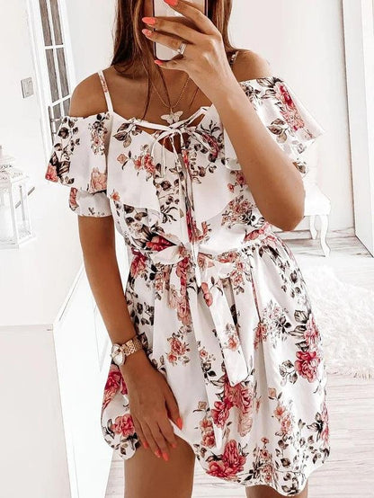 Fashion Floral Print Sling Off Shoulder Mini Dress - LuckyFash™