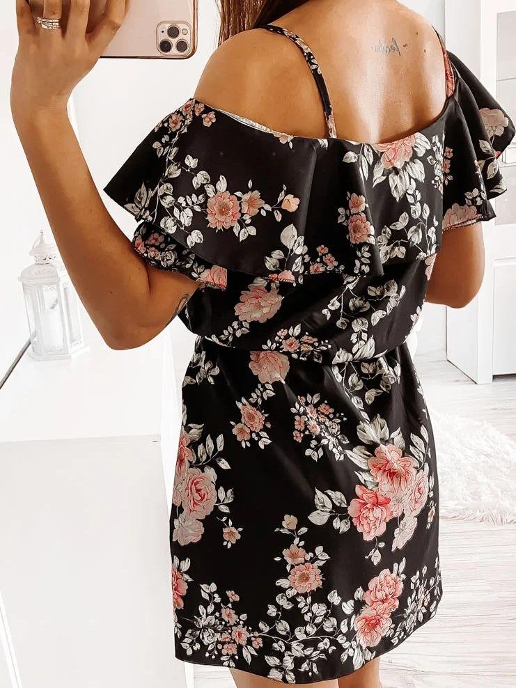 Fashion Floral Print Sling Off Shoulder Mini Dress - LuckyFash™