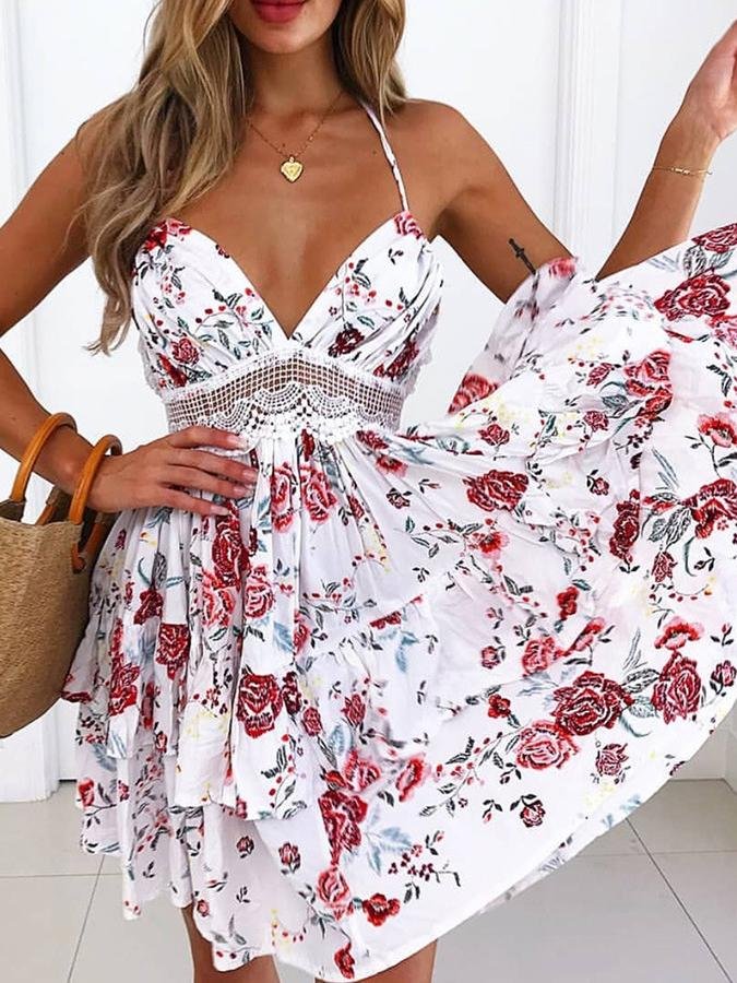 Fashion Floral Print V Neck Sling Sleeveless Mini Dress - LuckyFash™