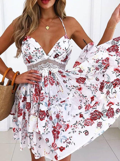 Fashion Floral Print V Neck Sling Sleeveless Mini Dress - LuckyFash™