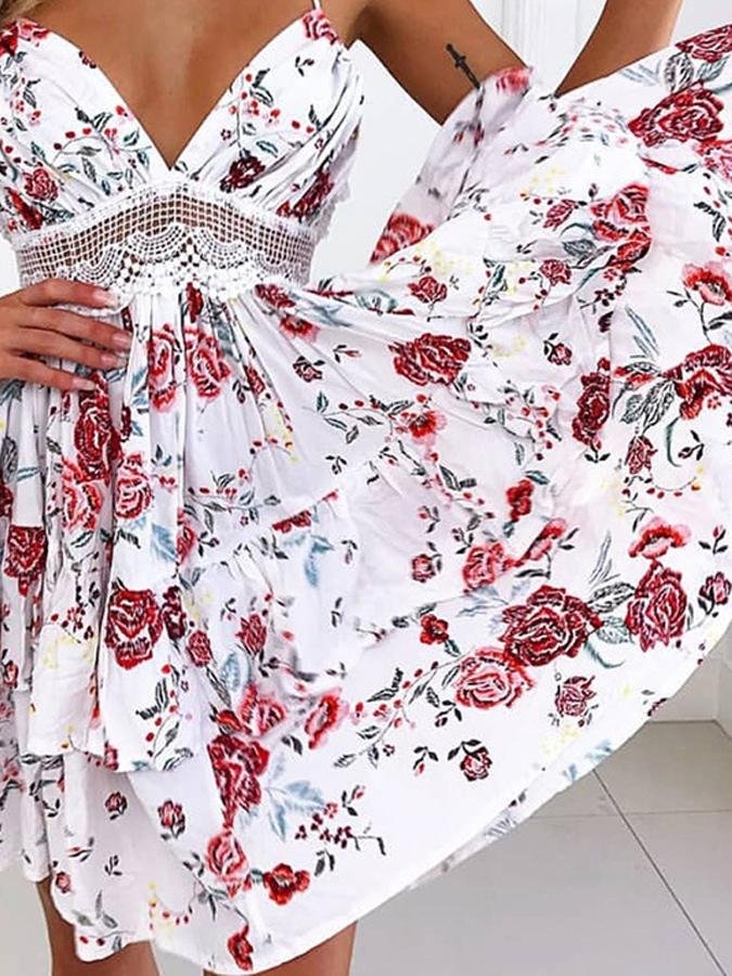 Fashion Floral Print V Neck Sling Sleeveless Mini Dress - LuckyFash™