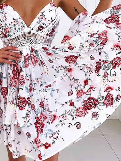 Fashion Floral Print V Neck Sling Sleeveless Mini Dress - LuckyFash™