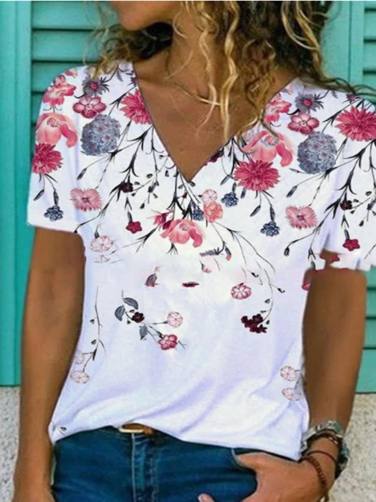 Fashion Floral Print V-neck T-shirt - LuckyFash™