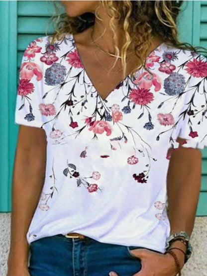 Fashion Floral Print V-neck T-shirt - LuckyFash™