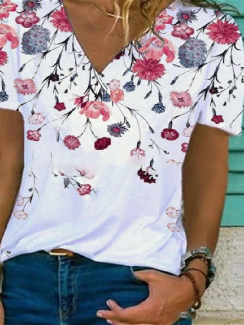 Fashion Floral Print V-neck T-shirt - LuckyFash™