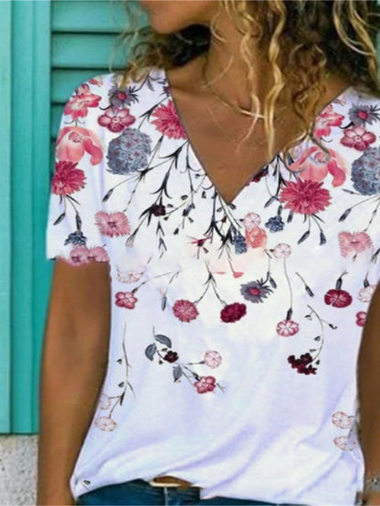 Fashion Floral Print V-neck T-shirt - LuckyFash™