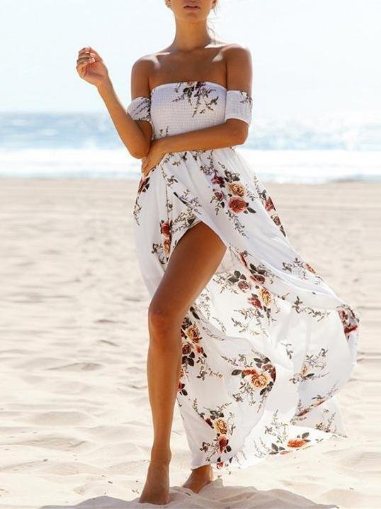 Fashion Floral Printed Off Shoulder Short Sleeve Maxi Dress - LuckyFash™