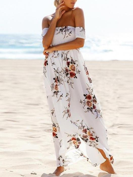 Fashion Floral Printed Off Shoulder Short Sleeve Maxi Dress - LuckyFash™