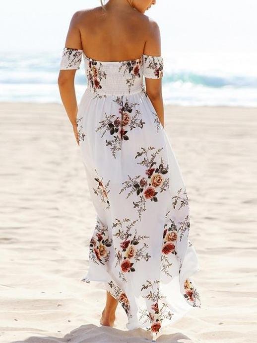 Fashion Floral Printed Off Shoulder Short Sleeve Maxi Dress - LuckyFash™