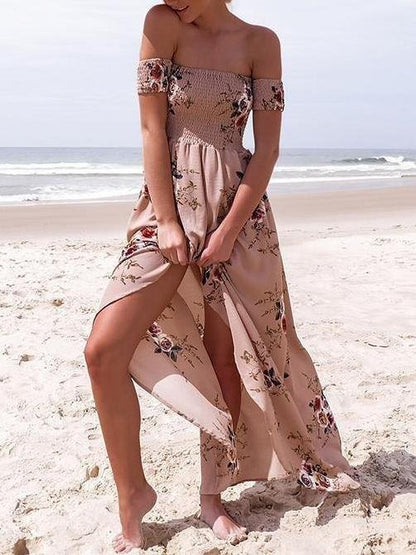Fashion Floral Printed Off Shoulder Short Sleeve Maxi Dress - LuckyFash™