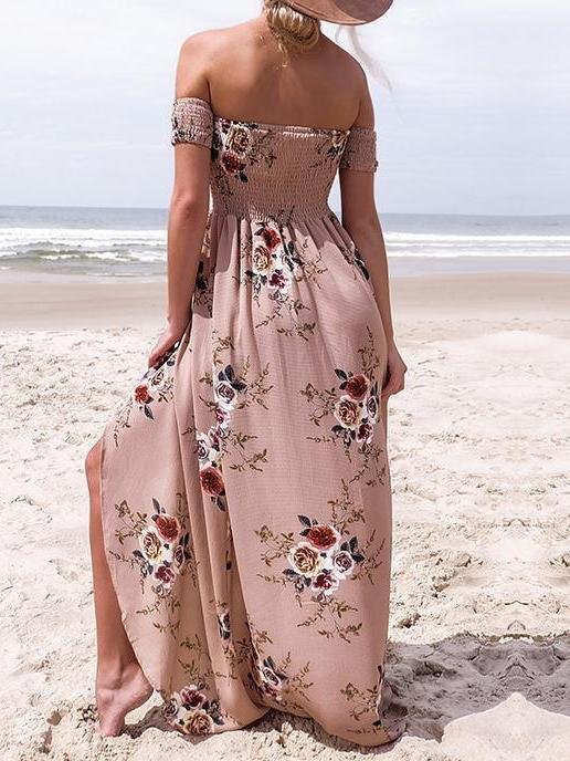 Fashion Floral Printed Off Shoulder Short Sleeve Maxi Dress - LuckyFash™