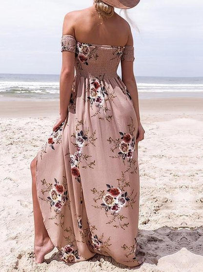 Fashion Floral Printed Off Shoulder Short Sleeve Maxi Dress - LuckyFash™