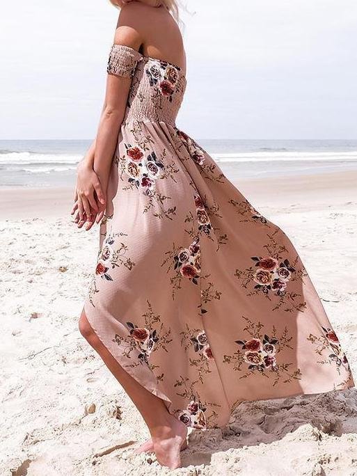 Fashion Floral Printed Off Shoulder Short Sleeve Maxi Dress - LuckyFash™
