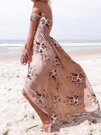 Fashion Floral Printed Off Shoulder Short Sleeve Maxi Dress - LuckyFash™