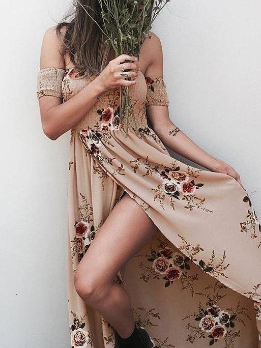 Fashion Floral Printed Off Shoulder Short Sleeve Maxi Dress - LuckyFash™