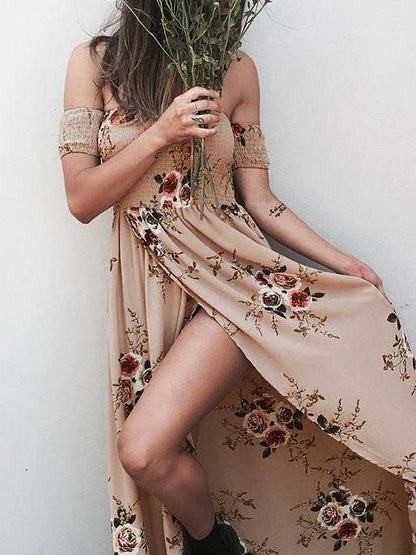Fashion Floral Printed Off Shoulder Short Sleeve Maxi Dress - LuckyFash™