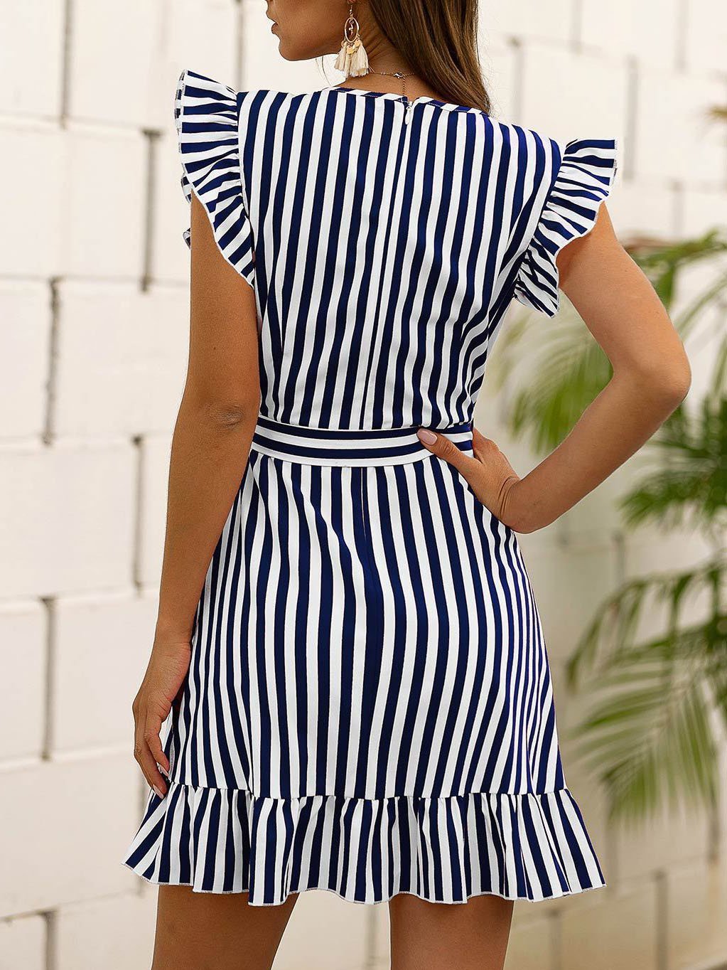 Fashion Flying Sleeves Striped Ruffle Dress - LuckyFash™