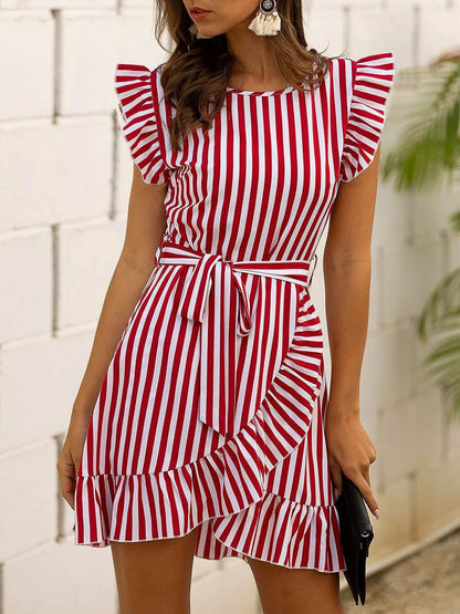 Fashion Flying Sleeves Striped Ruffle Dress - LuckyFash™