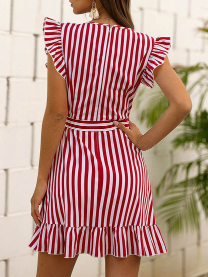 Fashion Flying Sleeves Striped Ruffle Dress - LuckyFash™