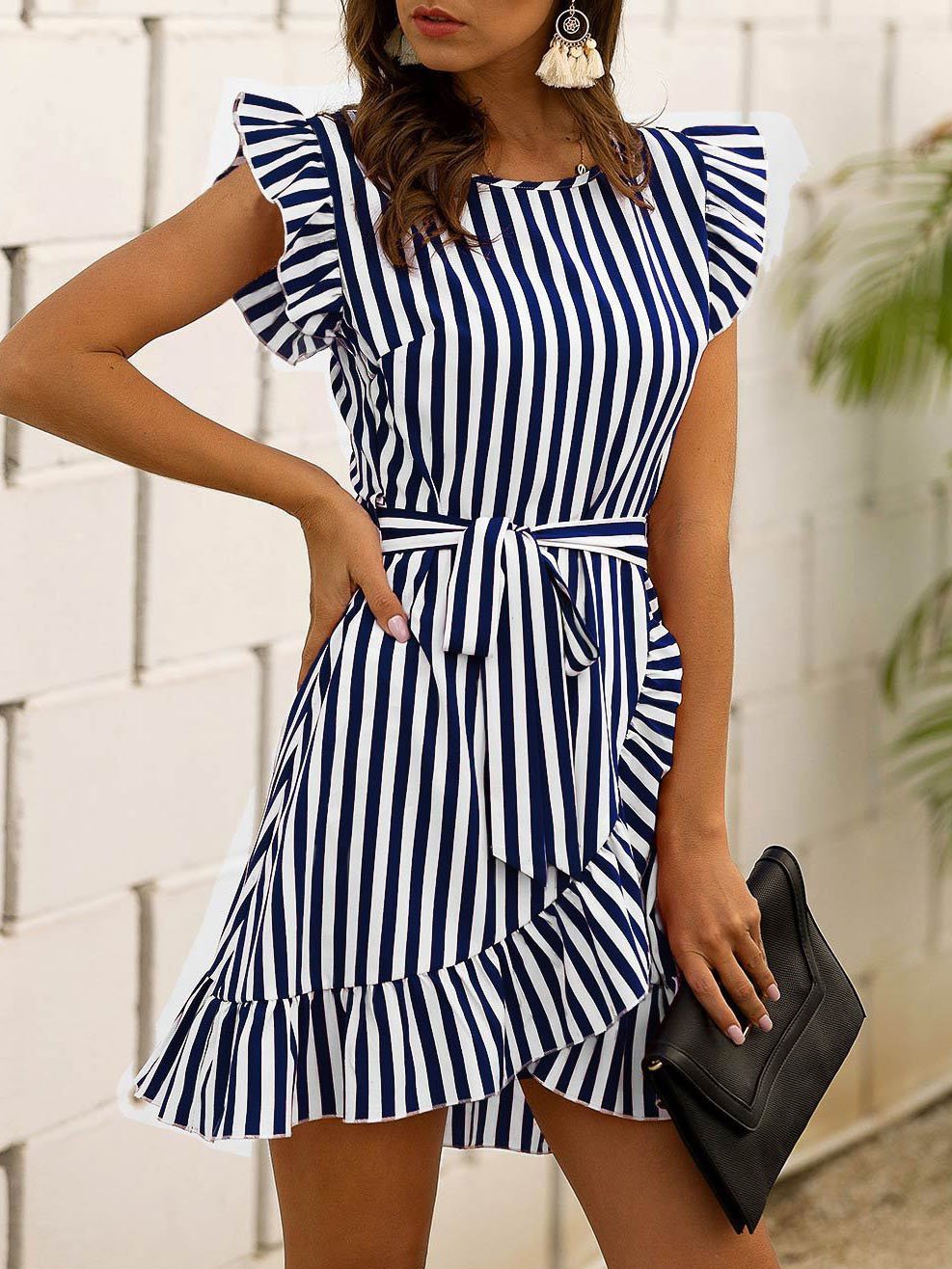 Fashion Flying Sleeves Striped Ruffle Dress - LuckyFash™