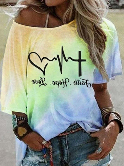 Fashion Gradient Color Letter Print Loose T-shirt - LuckyFash™